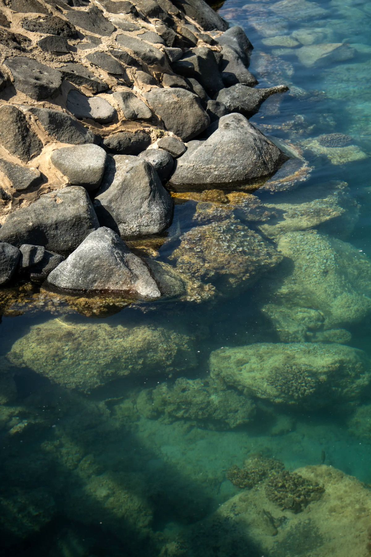 Clear turquoise water over coral and rocks beside the stone breakwater at La Maison D’Obhur