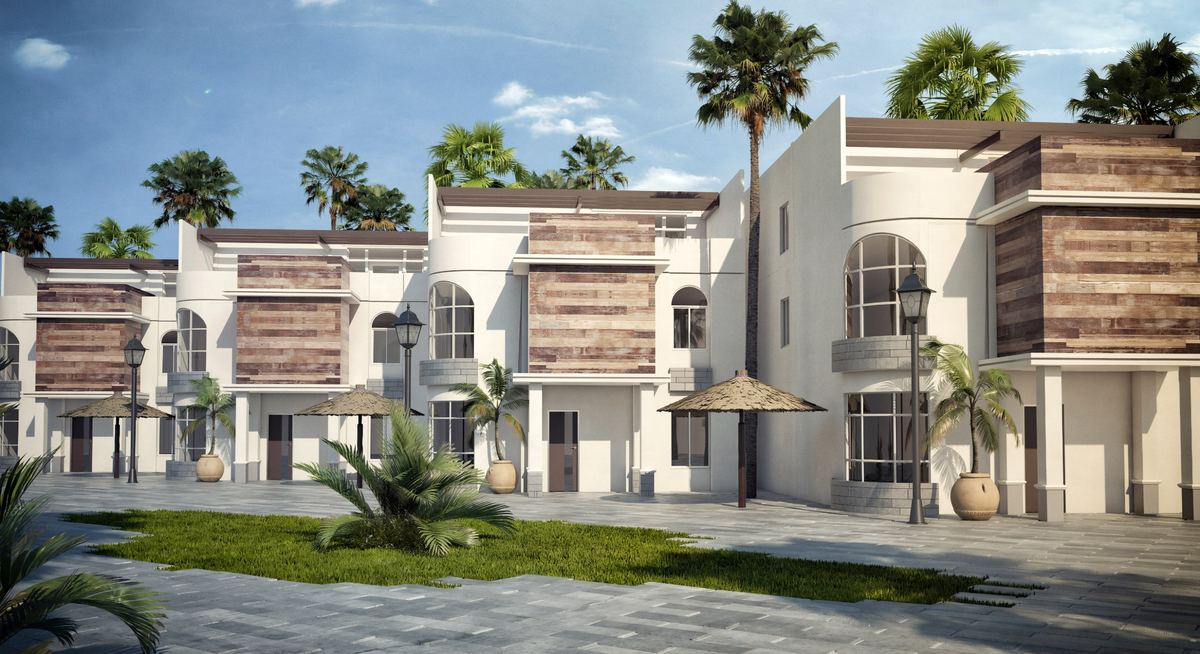 Artist’s rendering of Mangrove Beach Resort’s white chalets with timber cladding and thatched parasols